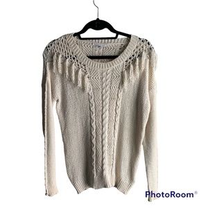 Rebecca Minkoff Open Knit Fringe Crew Neck Ivory Sweater Size‎ XSmall